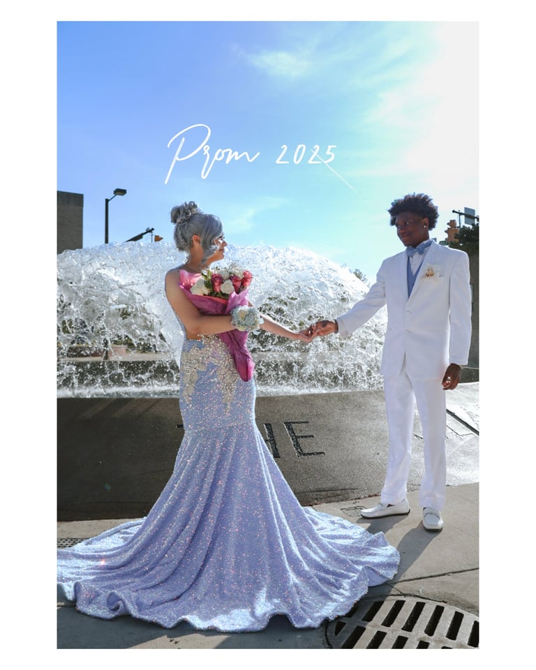 Couple in formal attire at prom 2025, bride in sparkly lavender gown with bouquet and groom in white suit holding hands outdoors