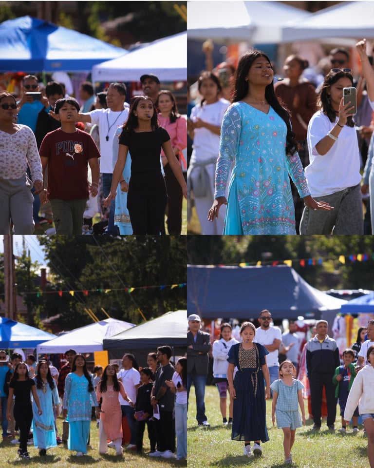 Collage of outdoor community event showing diverse crowds gathering under blue tents and enjoying activities together