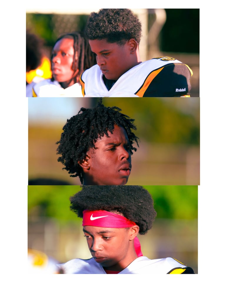 Young football players in team uniforms with yellow and black colors, shown in close-up portrait shots during a game or practice