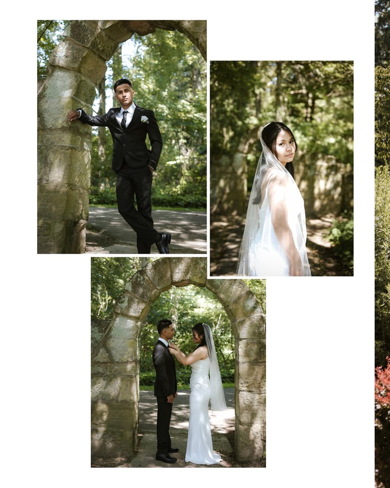 Wedding photo collage featuring groom in black suit and bride in white dress among stone archways and trees